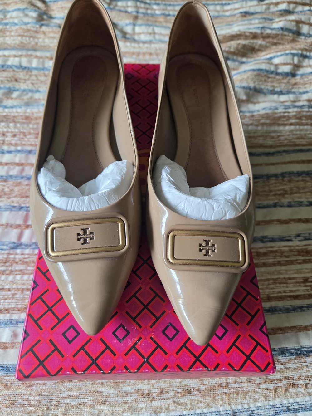 Tory Burch Beige Patent Pointed-Toe Heels with Gold Logo Plaque